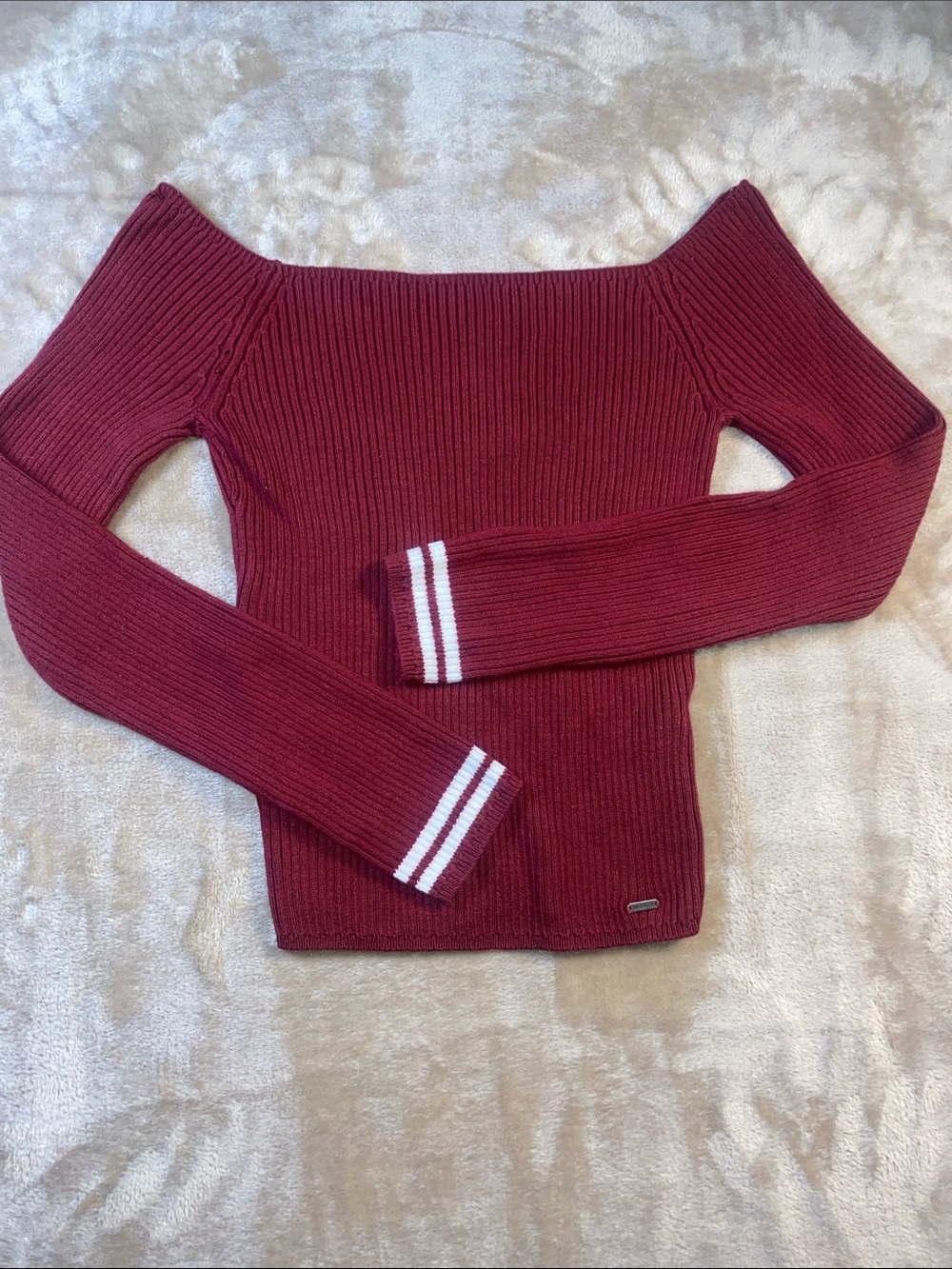 Hollister Burgundy Ribbed Off-Shoulder Sweater with Striped Cuffs
